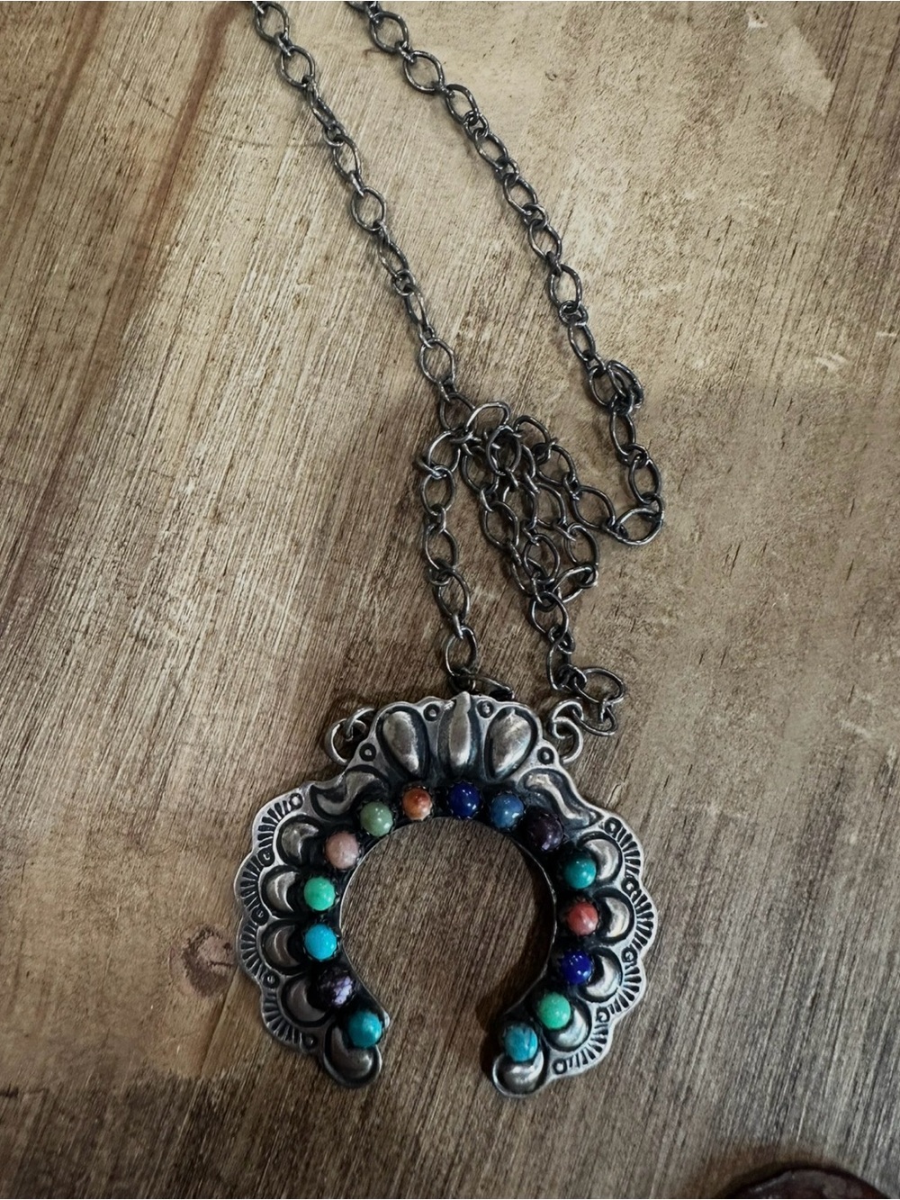 Silver-Tone Crescent Necklace with Multicolor Stone Beads
